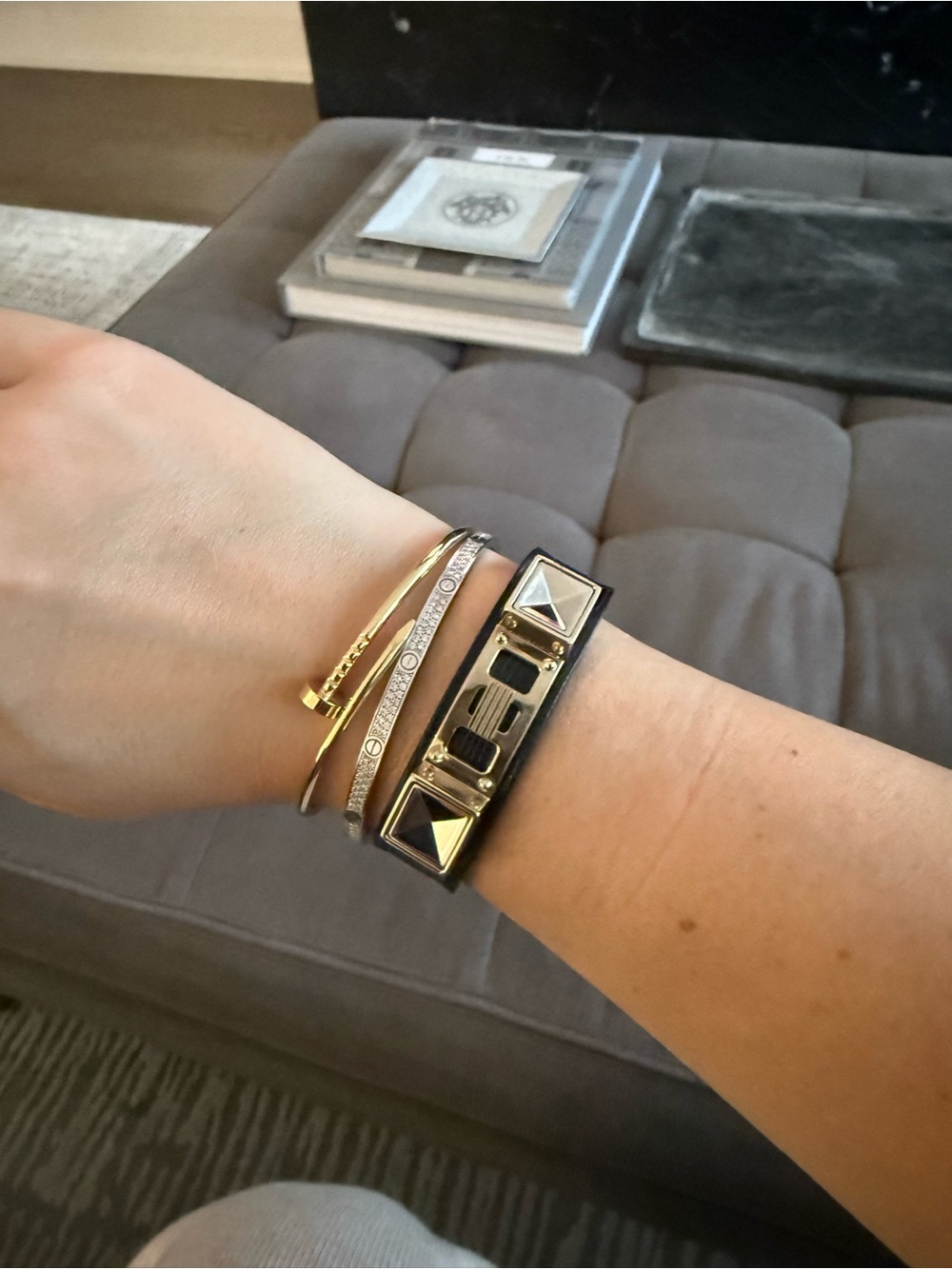 Proenza Schouler Black Leather Pyramid Bracelet with Gold Bangles